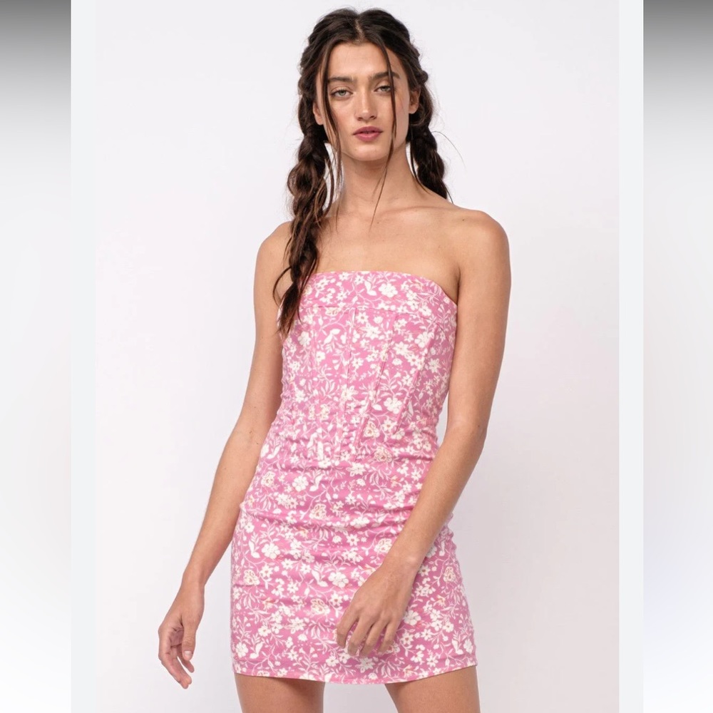FLORAL PINK STRAPLESS MINI DRESS